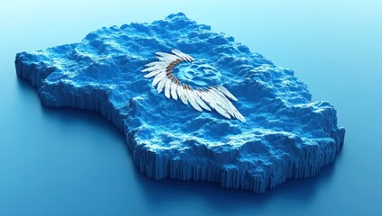 blue textured landmass with rugged cliff edges and topographic relief, featuring a circular arrangement of metallic feathers forming a wing-like emblem, evoking serene wonder and contemplative calm