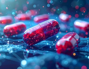 Close-up of glowing red capsules on a network with bokeh lights