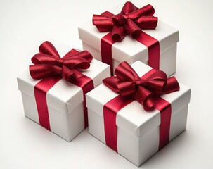 Fototapeta premium Three white gift boxes with red satin ribbons and glittery bows arranged together on a clean white background, evoking festive joy and celebration