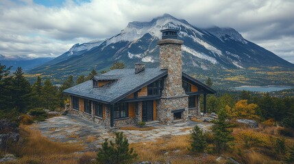 Mountaintop cabin, autumn colors, dramatic sky