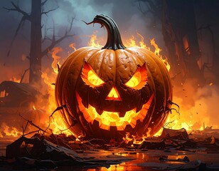 Carved, fiery jack-o'-lantern against burning landscape, spooky and vibrant
