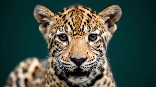 Intense Close Up Portrait of a Young Jaguar Cub Staring Directly at the Camera.