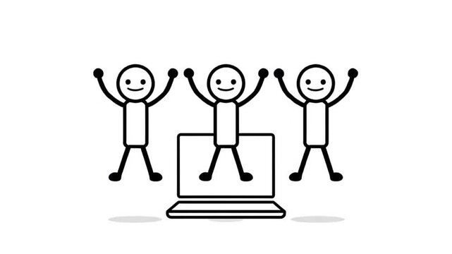 Three Stick Figures Celebrating Team Success With Laptop Displaying White Background Isolated In Simple Line Art Animation