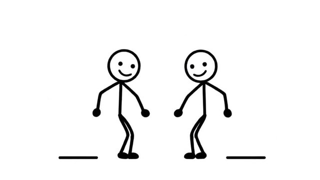Two Cheerful Stick Figures in Black and White Illustration Isolated on White Background Dancing Joyfully Together in a Simple Cartoon Style