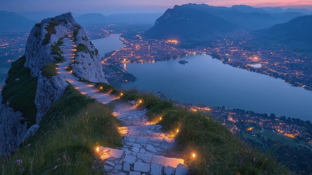 Mountaintop path illuminated at dawn over lake city - Powered by Adobe