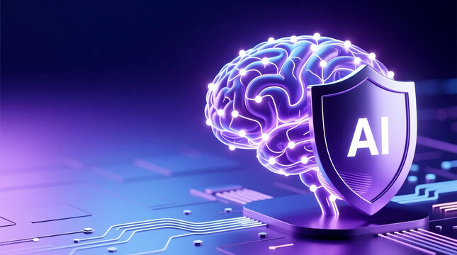 Digital privacy business concept with AI shield protecting neural brain on purple blue circuit board background for secure intelligent systems technology.