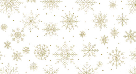 Golden snowflake seamless pattern, festive winter design, elegant holiday texture, white background sparkle, seasonal decor, wrapping paper graphic