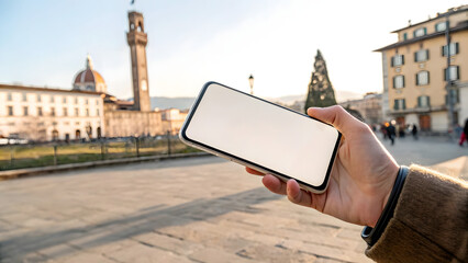 Hand holding smartphone with blank screen in european city square