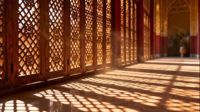Sunlight Through Traditional Lattice Doors Creating Striking Shadow Patterns on a Hallway Floor