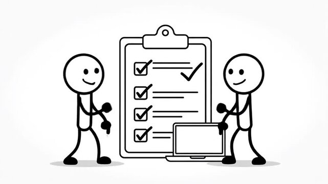 Two Stick Figures Cheerfuly Checking Off Tasks On A Clipboard Beside A Laptop Computer In A White Background With Simple Black And White Cartoon Style And