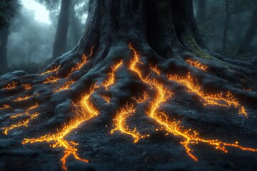 Large tree trunk with glowing fiery veins running through its roots in a dark foggy forest evoking a mysterious and magical atmosphere