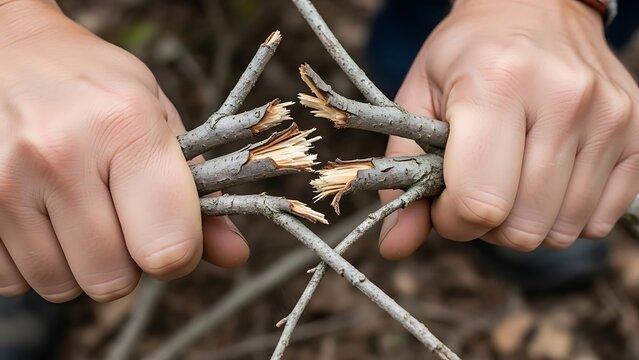 Person breaks dry branches for kindling preparation in the wild forest