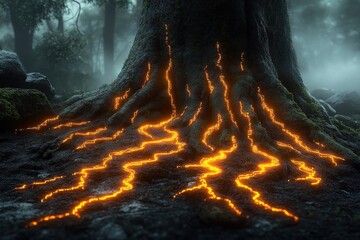 Large ancient tree with glowing molten lava-like veins running through its roots in a dark misty forest creating a mysterious and magical atmosphere