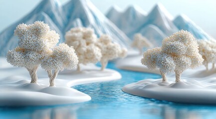 Miniature winter landscape with stylized white trees on snow-covered islands surrounded by a calm blue river with blurred snow-capped mountains in the background