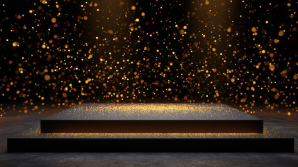 Luxurious gold glitter background shines on dark black stage podium. This elegant and festive spotlight provides perfect atmosphere for an award celebration or product display