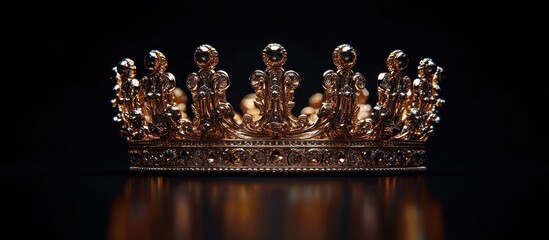 Ornate golden crown adorned with intricate details and sparkling jewels resting on a reflective dark surface evoking luxury and elegance