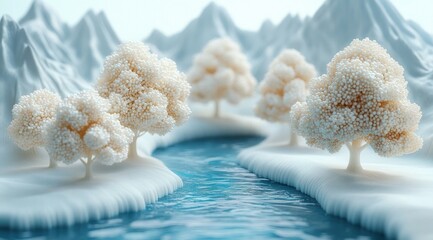 Surreal winter landscape with stylized trees resembling clusters of small spheres along a gently flowing blue river surrounded by soft, snow-covered banks and distant snowy mountains