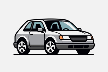 Fototapeta premium A simple, clean illustration of a grey two-door hatchback car, depicted from a side-front angle on a plain white background.