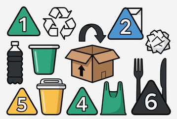Collection of recycling symbols and various recyclable waste items for environmental protection.