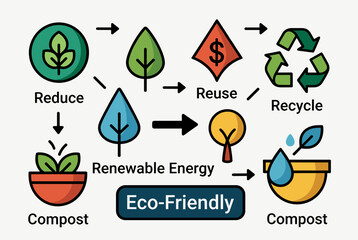 Obraz premium An eco-friendly diagram illustrating sustainable practices like reduce, reuse, recycle, compost, and renewable energy with various green icons.