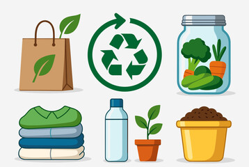 Collection of eco-friendly and sustainable living icons including recycling symbol, reusable bag, preserved food, clothes, water bottle, and potted plant.
