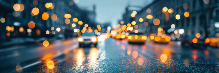 Dreamy moody bokeh background of city street at night. blur traffic light reflection on wet car road creates an abstract, atmospheric view of urban transportation