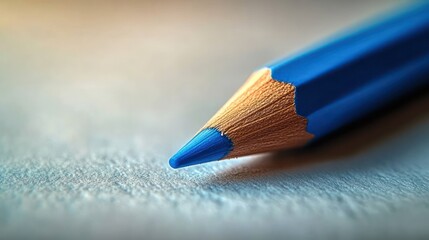 Close-up of a sharpened blue colored pencil tip resting on textured paper surface showing fine wood grain and vibrant color