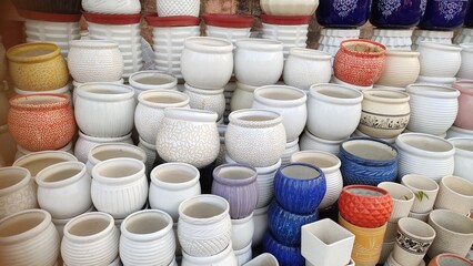 ceramic pots in the market, beautiful handicrafts pots in the shop