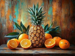 Fresh pineapple surrounded by whole and halved oranges on rustic wooden surface with textured multicolored wooden backdrop