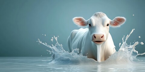 White cow standing in splashing milk with a calm and curious expression against a gradient blue background