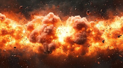 Wide vivid explosion with fiery orange flames, dense smoke clouds, and scattered debris against a dark background conveying intense destructive force