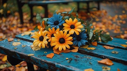 Vibrant Yellow and Blue Flowers on Weathered Blue Park Bench with Autumn Leaves
