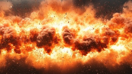 Massive fiery explosion with bright orange flames, thick dark smoke clouds, and flying debris creating dramatic intense energy
