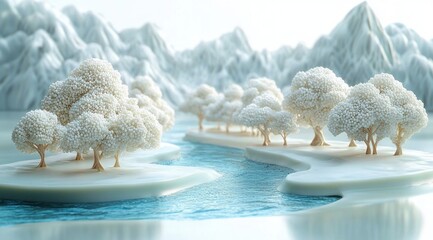 A serene winter landscape featuring frosted trees on snowy banks alongside a gently flowing icy blue river under a backdrop of snow-covered mountains