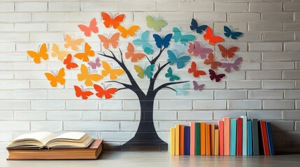 Colorful butterfly tree mural painted on white brick wall above wooden table with open book and neatly stacked colorful books expressing creativity and knowledge