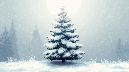 snow-covered evergreen tree standing alone in a foggy winter landscape with gentle snowfall and distant trees blurred in the background