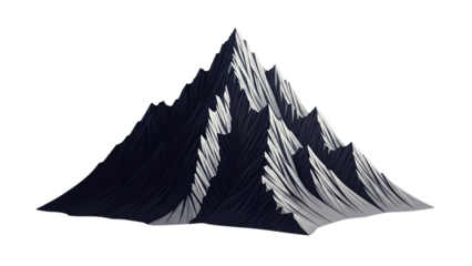 Dark blue and white 3D mountain range with sharp peaks and ridges, isolated on transparent background with studio lighting