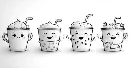 Four cute cartoon cups with different whipped toppings and happy facial expressions holding striped straws, showing joy and playfulness in a row