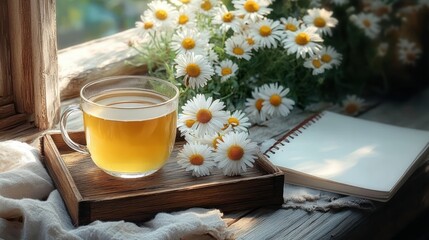 Transparent cup of herbal tea on wooden tray with daisies and blank notebook on windowsill in soft natural light