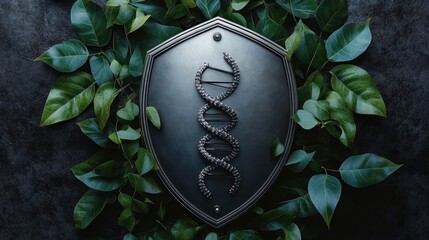 Black shield featuring a metallic DNA double helix symbol surrounded by green leaves on a dark textured surface