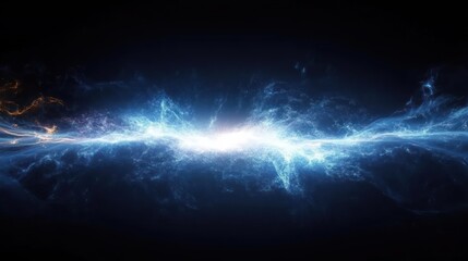 Bright blue and white electric or cosmic energy stream glowing vibrantly against a dark background with sparks and wispy trails