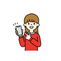 スマートフォンの画面を指さす、10代・20代のシンプルな女性の上半身ベクターイラスト素材＿カラー
