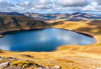 Vast expanse of Turlough Hill's upper reservoir, serene landscape,  power,  nature