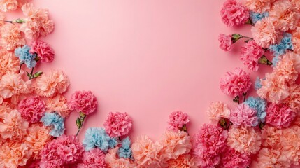 Delicate pink, peach, and blue carnations arranged around the edges with empty space in the center on a soft pink background, evoking a gentle and cheerful mood