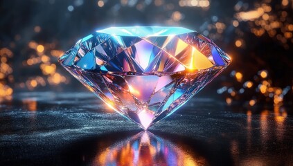Close-up of a sparkling, multi-faceted diamond resting on a reflective surface with colorful light reflections creating a glowing and luxurious atmosphere