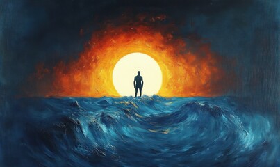 silhouette of a person standing on turbulent ocean waves with a large glowing sun setting or rising behind, creating a dramatic and emotional scene