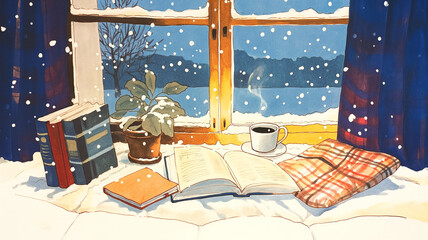 部屋の中から眺める雪降る景色と温かな暮らしのワンシーン｜ホリデーシーズン、静寂、読書タイム、カフェ風、癒しの空間、冬の楽しみ、ストーブ、照明、休日の午後、穏やかな時間