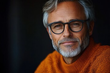 Obraz premium Portrait of a middle-aged man with gray hair and beard wearing glasses and an orange sweater against a dark background with a calm and thoughtful expression