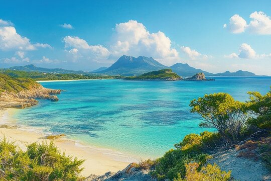 Bright sunny coastal landscape with turquoise clear sea, sandy beach, green shrubs, rocky coastline and distant mountains under blue sky with white clouds - Powered by Adobe