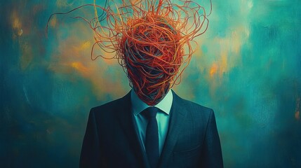 Surreal image of a person in formal suit with tangled red wires instead of a head against a textured blue and orange background expressing confusion and chaos